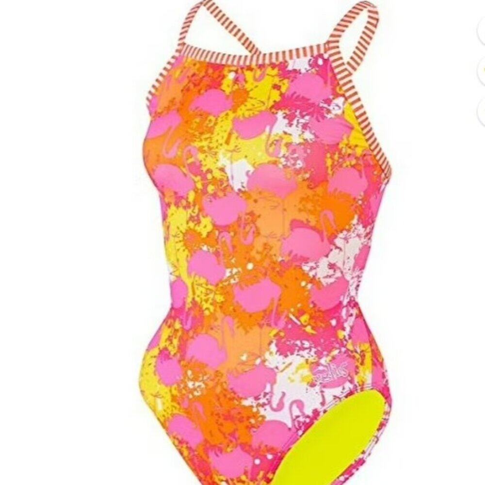 Dolfin Miami Uglies V-2 Back One Piece Swimsuit Pink & Yellow Size 36